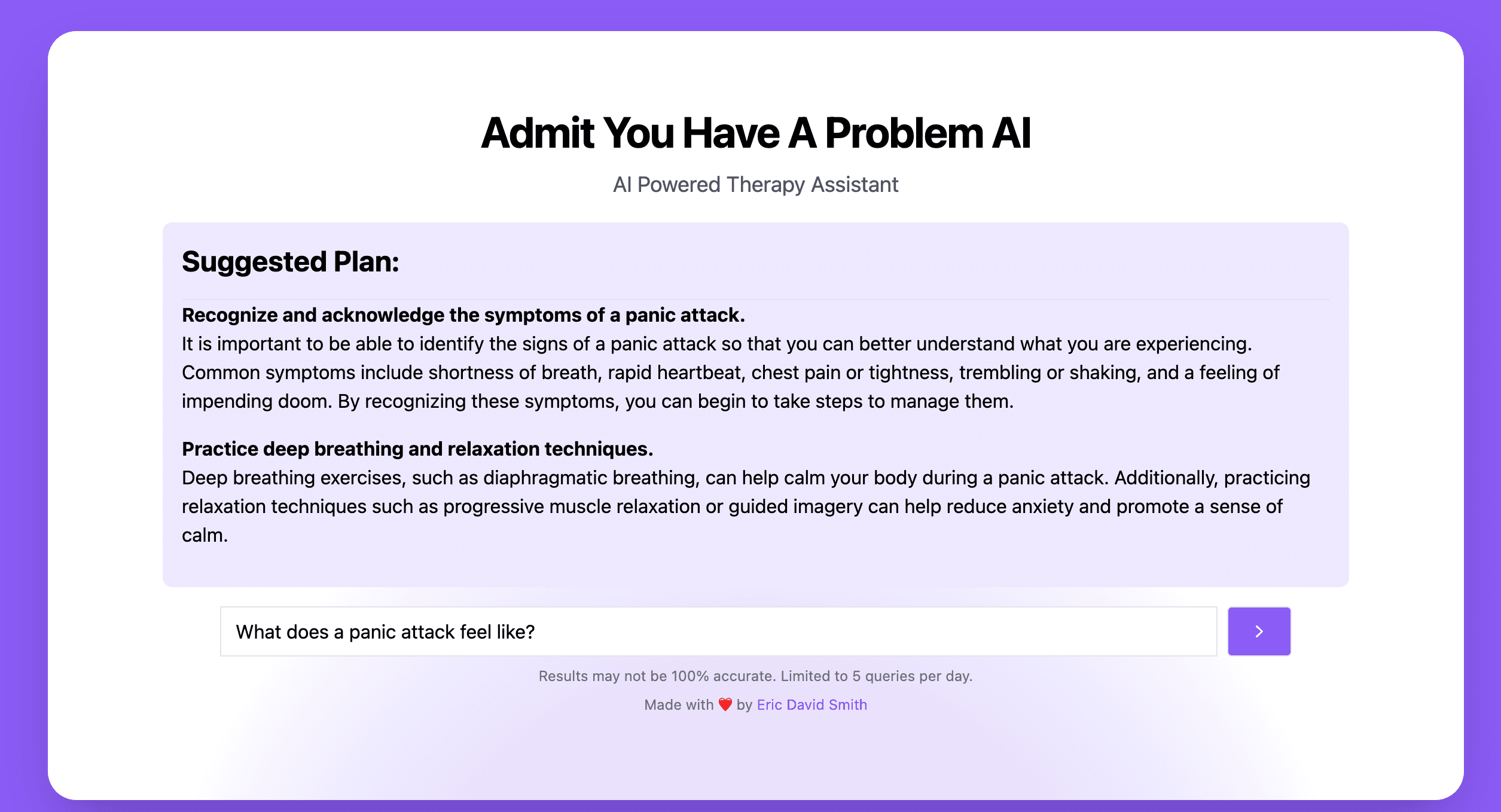 Admit You Have A Problem AI - AI Therapy Assistant example by Eric David Smith