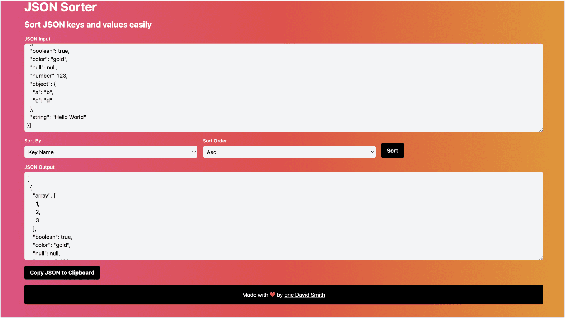 JSON Sorter Online App - by Eric David Smith